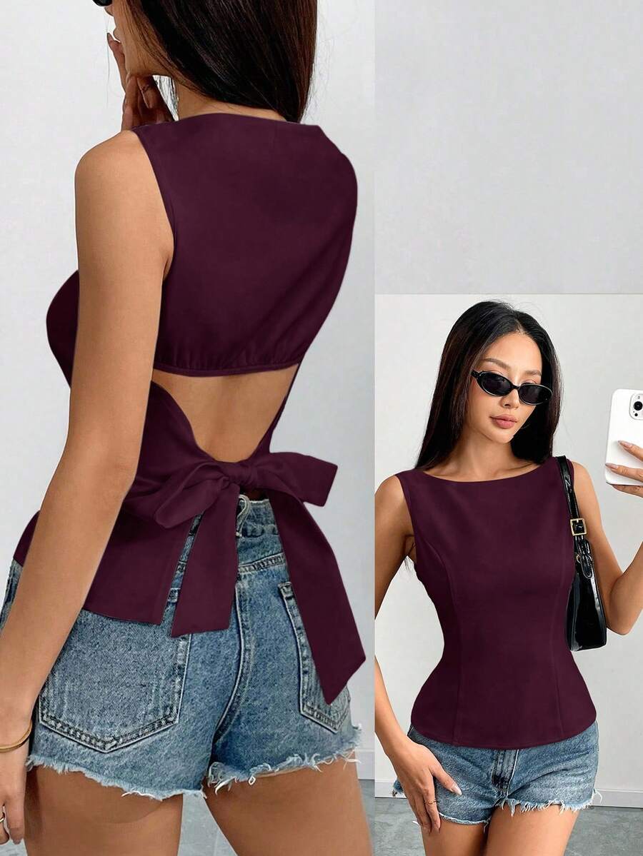 Rafferiza 纯色修身无袖露背系带蝴蝶结吊带背心,优雅休闲性感简约办公室商务装,春夏 - 酒紅色 - 查看 1