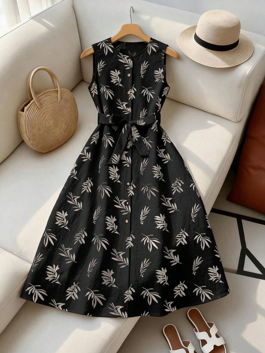 SHEIN Franclia 女士植物印花圆领无袖连衣裙