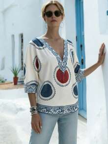 SHEIN Holidaya Women's V-Neck Printed Loose T-Shirt For Vacation, Summer - Multicolor - View 4