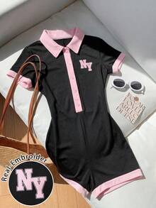 Brown & White Contrast Color Polo Collar Romper, Retro College Style Snug Fit Fit, Suitable For Daily Wear And Dates - Black - View 4