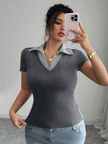 Elenzga Women's Plus Size Elegant Contrast Color Collar Splice Tight Casual Versatile Fashionable Design 2025 Spring/Summer New Short Sleeve Outdoor Top T-Shirt - Multicolor - View 4