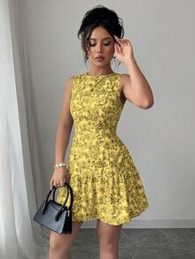 Elenzga Bohemian Style Elegant Floral Print Sleeveless Belted Mini Dress, Suitable For Graduation Season, Festivals, Spring/Summer - Multicolor - View 6