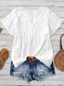 Linhara Plus Size Elegant Embroidery Digital Print Ruffle Sleeve Casual Vacation T-Shirt, Slimming Effect, Spring/Summer - Blue and White - View 2