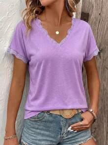 Selamara 女士春夏新款蕾丝边V领短袖T恤 - 紫色 - 查看 3