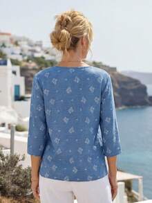 SHEIN LUNE Women's Casual Floral Embroidered V Neck Blouse,Blue And White Flower Boho Summer Quarter Sleeve Top,Autumn Vacation Holiday Shirt - Blue - View 2