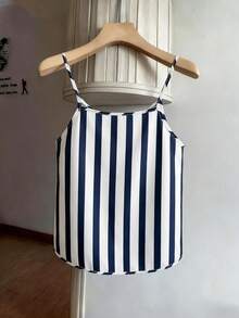 GlowEve Áo camisole nữ màu xanh hải quân in kỹ thuật số kẻ sọc, dáng rộng, viền bèo nhún, ôm sát, thiết kế thanh lịch và độc đáo. - Màu xanh lam - Xem 2