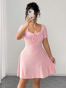 Elenzga Plus Size Fitted Stylish Yellow Jacquard Dress - Pink - View 7