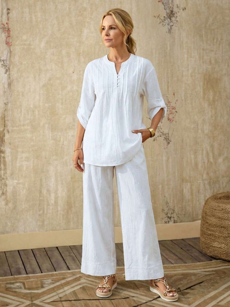 EMERY ROSE Bộ đồ nữ đi nghỉ mát, màu trơn, gồm áo và quần, 2 món. - xanh quân đội - Xem 1