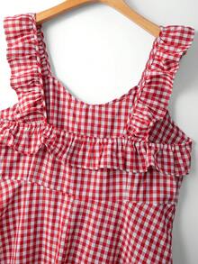 GlowEve CURVE Plus Size Elegant Red And White Gingham A-Line Dress,Summer 1920s Flapper Picnic Style,Ruffle Strap Fitted Waist Plaid Dress For Ladies - Multicolor - View 5