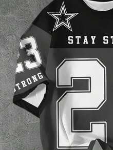 SHEIN Áo thun cổ tròn tay ngắn in họa tiết chữ "Genius Stay Strong" phong cách thể thao bóng chày cổ điển mát mẻ cho bé trai tuổi mới lớn, số 23, họa tiết ngôi sao, phù hợp cho mùa hè - Nhiều màu - Xem 2