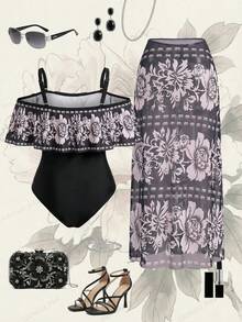 Swim Oasis Traje de baño de una pieza con estampado floral y hombros descubiertos, con volantes en el bajo, talla grande un conjunto a juego con pareo y falda para vacaciones, tallas grandes para mujer - Blanco y Negro - Ver 2