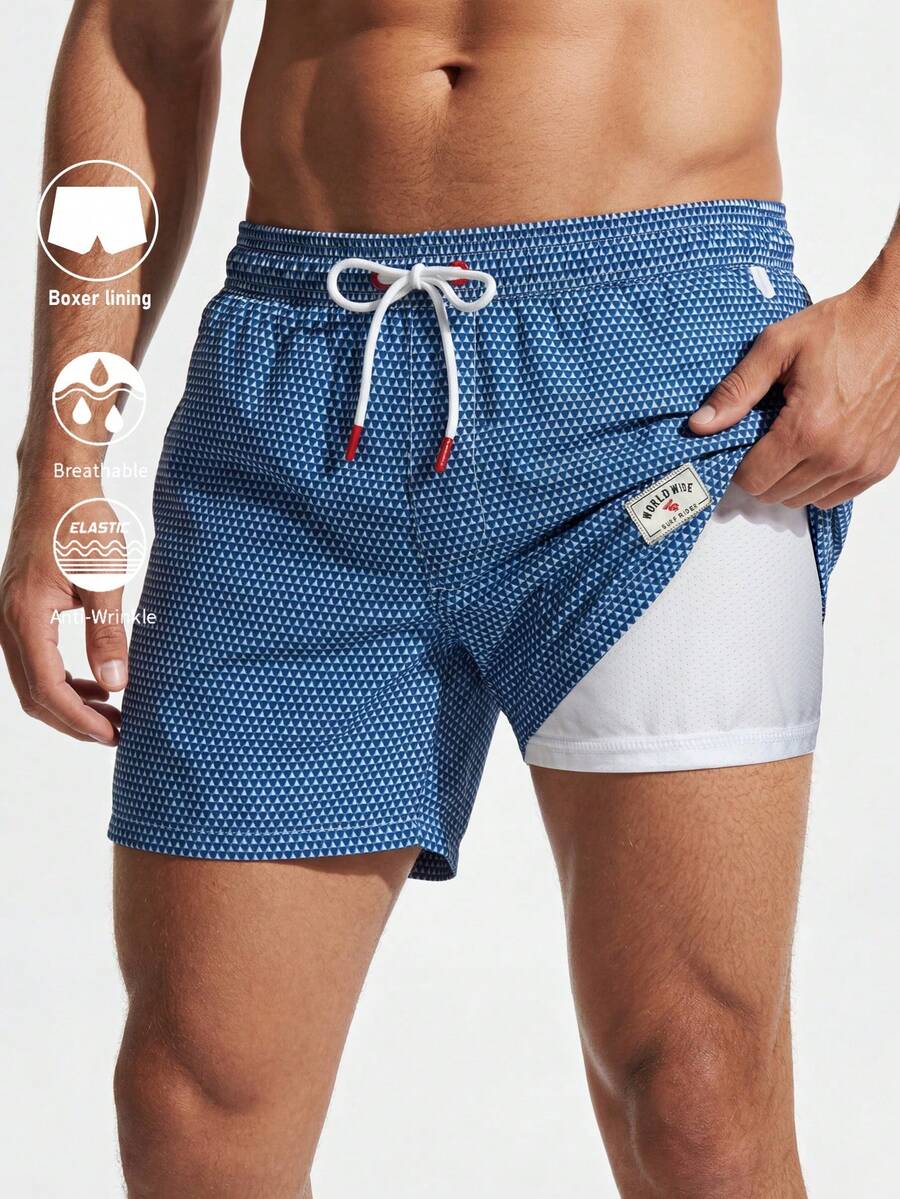 ZELFYO Men's Beach Shorts Drawstring Waist Front Tie Pocket Random Printed Resort Casual Hawaiian - Blue - View 1