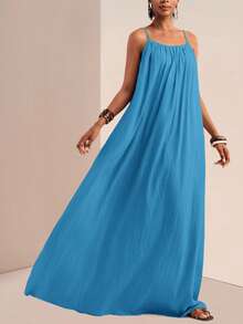 Slaydiva Gaun Maxi Kasual Ukuran Besar Warna Polos, Gaun Santai, Gaun Musim Panas untuk Wanita - Mint Blue - View 7