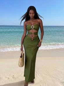 Lureya Bộ đồ mùa hè dành cho nữ, áo crop top khoét eo gợi cảm và chân váy mini ôm sát, trang phục sành điệu cho tiệc tùng, kỳ nghỉ biển. - màu xanh lá - Xem 5