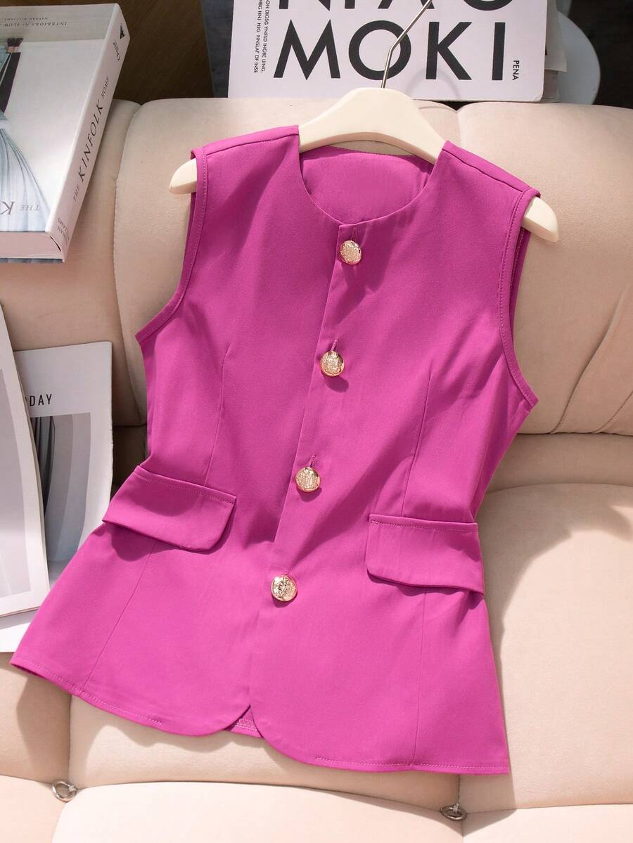 SHEIN Sacou elegant de damă, stil francez, roșu, fără mâneci, mărime mare, design mulat cu accente de nasturi aurii, potrivit pentru serviciu, birou sau ocazii casual în primăvară/vară - Roz fierbinte - Vizualizare 1