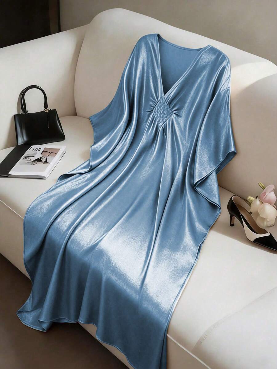 GlowEve 女士优雅V领荷叶袖和服睡袍,适合派对、聚会、日常穿着,春夏款 - 藍色 - 查看 1