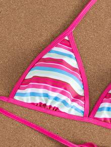 Swim Shayni 甜美清爽的粉蓝条纹露背挂脖比基尼，青春海滩度假泳装 - 彩色 - 查看 6