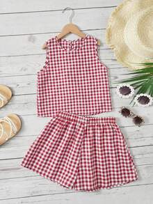 SHEIN Bộ đồ mùa hè cho bé gái tuổi teen, kiểu dáng thường ngày, kẻ caro, có nơ trang trí, gồm áo hai dây và quần short. - Đỏ - Xem 6