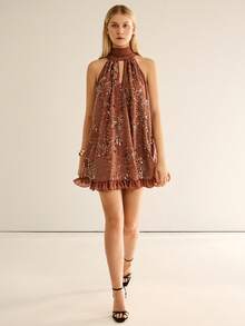 CielaLinda Damen Neckholder Pailletten Mini Kleid Ärmellos Chiffon Kleid - Braun - Übersicht 4