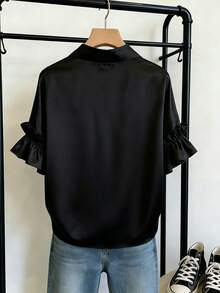 Franclia Women's Black Satin Collared Single-Breasted Short Sleeve Shirt,French Ruffle Petal Sleeve Loose Flattering Blouse,Summer Casual Elegant Office Wear - Black - View 2