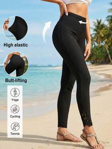 Amorya Women's Black Minimalist Floral Hem Lace Leggings,Casual Elegant Winter Pants For Holiday Vacation,Summer Beach Outfits,High Stretch Cooling Coords - Black - View 8