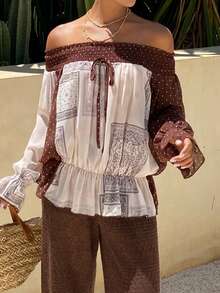 Livesso Women's Polka Dot Print Off-Shoulder Contrast Color Casual Long Sleeve Shirt Boho Vacation Outfits Women - Coffee Brown - View 3