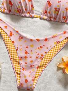Swim Mod Women's Random Print Halter Bikini Set, Spring/Summer Floral Print Bathing Suits For Women 2 Piece Set Elegant Cute Beach Orange And White - Multicolor - View 5