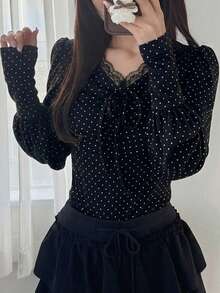 FRIFUL Women's Casual Polka Dot Print Long Sleeve T-Shirt, Suitable For Spring And Autumn Summer - Black - View 3