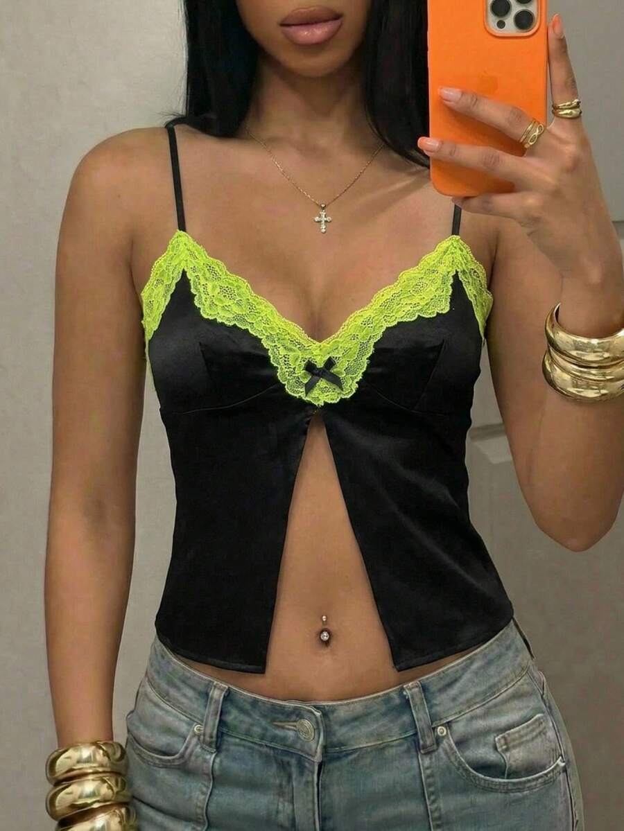 Slaydiva 新款春夏音乐节、情人节、复活节、婚礼季、假日季、海滩度假、休闲、优雅、通勤、日常穿着、工作服、度假、派对、邮轮、派对、基础款、日常约会、Y2K、性感露背、深V领、前开衩和中开衩、绿色蕾丝边、缎面光泽面料、黑色上衣、打底衫、女士上衣 -A - 黑色 - 查看 1