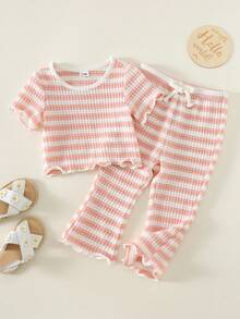 SHEIN 2 piezas Conjunto de niña bebé de verano casual con blusa de manga corta a rayas y pantalones de cintura elástica - Rosa - Ver 8