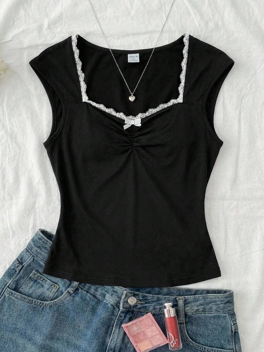 SHEIN Top scurt negru tricotat, casual minimalist, cu mărgele 3D, brodat cu paiete, cu fundă, asimetric, încrețit, potrivit pentru primăvară/vară, casual, stil personalizat, purtare zilnică - Negru - Vizualizare 1