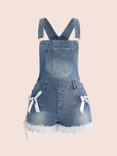 ROMWE Kawaii Bộ jumpsuit denim cỡ lớn, ngọt ngào và dễ thương, đa năng, phù hợp cho kỳ nghỉ xuân/hè.