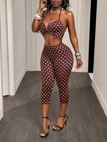 BamGleam 女士波点印花褶皱露背短款上衣和七分裤两件套 - 棕色 - 查看 3