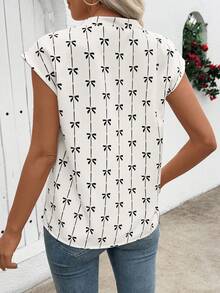 Women's Spring/Summer Bow Print Cutout Collar Batwing Sleeve Blouse - White - View 2