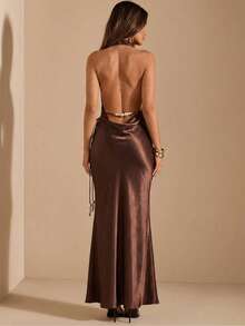 SHEIN BAE Satin High Neck Backless Mermaid Hem Pearl Chain Decor Elegant Dress, Brown Dress,Summer Dresses For Women - Brown - View 2