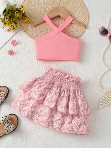 SHEIN Elladie kids 女童度假休闲露背纯色吊带背心搭配松紧腰碎花荷叶边半裙套装，夏季 - 藕粉色 - 查看 2