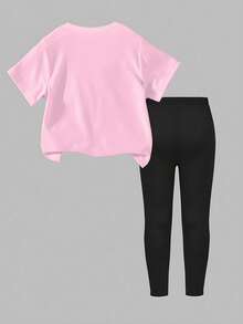 2 Stücke/Set Kleine Mädchen lässiger modischer kreativer erfrischender minimalistischer süßer virtueller Idol bunter karierter Pentagramm Stern grafischer Buchstaben-Muster Kurz-T-Shirt und Leggings Outfit, bequeme Alltagskleidung, geeignet für Frühling, Sommer und Herbst - Verschiedenfarbig - Übersicht 2