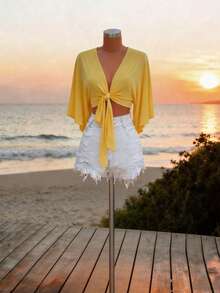 Lunelith SHEIN Lunessa Áo khoác cardigan ngắn màu trơn thắt nơ phía trước dành cho nữ, thích hợp cho kỳ nghỉ. - Màu vàng - Xem 3