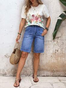 EMERY ROSE Plus Size Women Casual Versatile Denim Shorts With Pockets - Blue - View 9