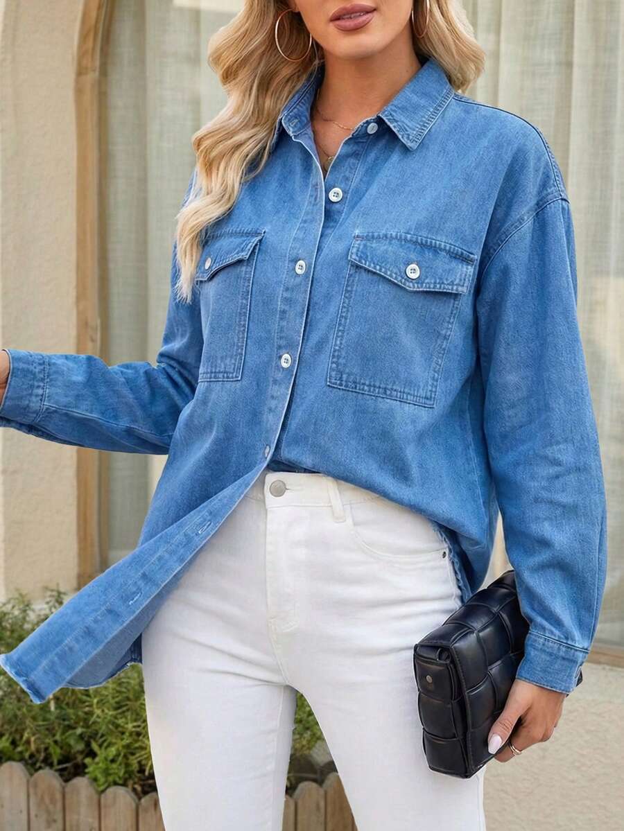SHEIN LUNE Áo khoác denim dài tay cổ bẻ cài cúc đơn giản, đa năng dành cho nữ, thích hợp mặc hàng ngày. - Rửa nhẹ - Xem 1