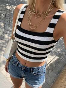 Franclia 女士撞色条纹针织上衣 - 黑與白 - 查看 4