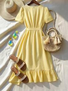 EMERY ROSE Standard Size Women's Ruffle V-Neck Fitted Vacation Elegant Mid-Length Dress - Yellow - View 2