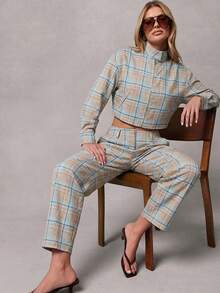 Hauture Retro Plaid Pocket Decor Straight Leg Pants - Blue - View 3