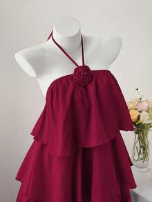 Sweetra CURVE Plus Size Women Sleeveless Layered Patchwork Cami Dress - Burgundy - View 3