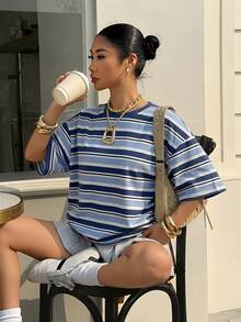 Muchica 女士圆领落肩短袖休闲宽松条纹T恤，夏季 - 彩色 - 查看 6