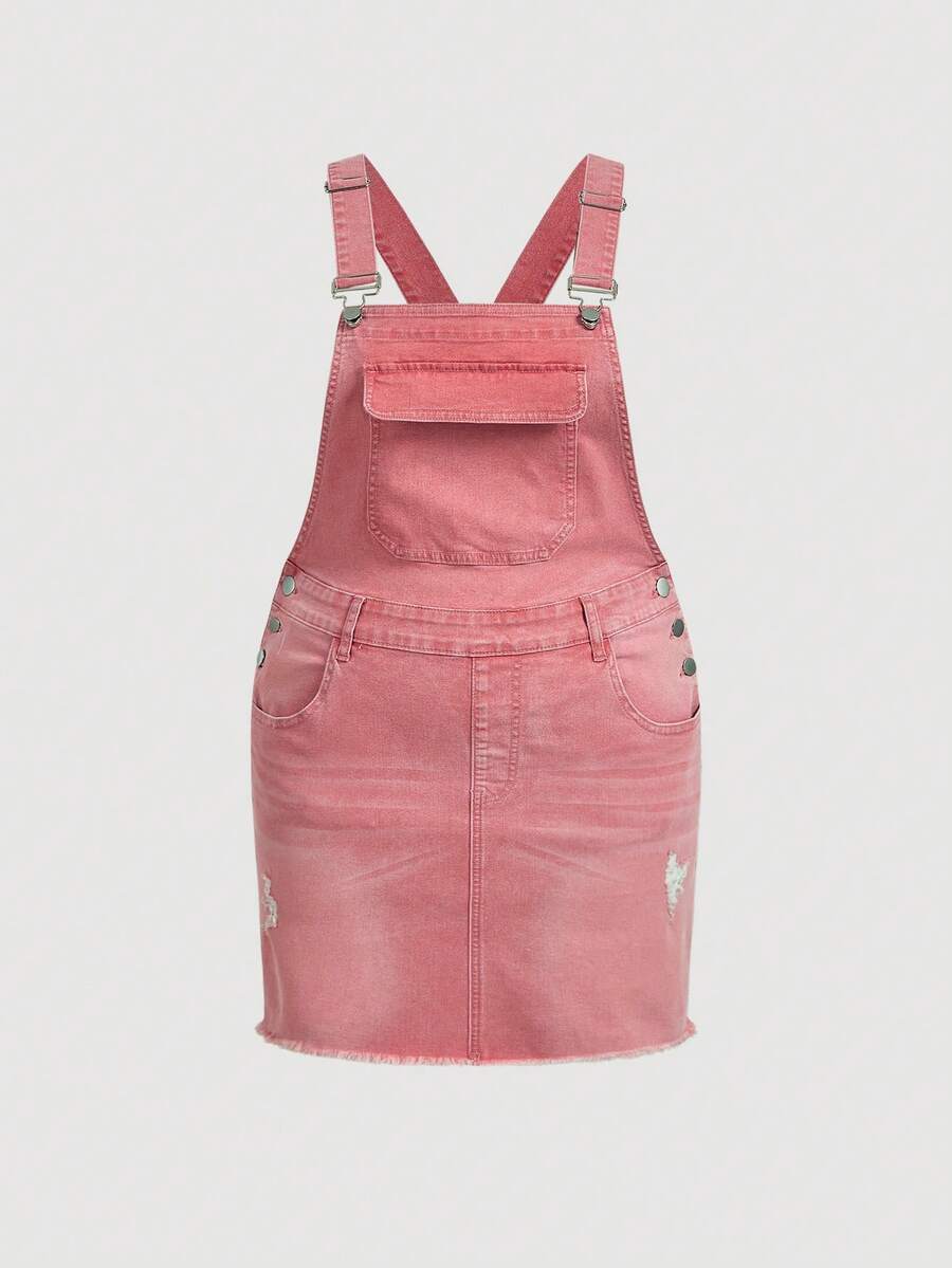 SHEIN Sweetro 大码纯色简约休闲牛仔连衣裙 - 粉色 - 查看 1