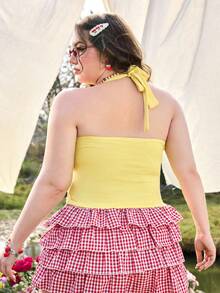 ROMWE Grunge Punk Plus Size Women's Summer Outfits Sexy Beach Vacation Style Solid Color Ruched Tie Front Halter Top - Pale Yellow - View 7