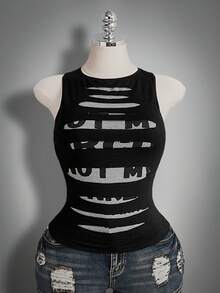 SHEIN ICON 大码极简印花圆领无袖背心 - 黑色 - 查看 3