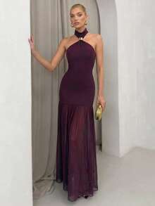 SHEIN Glamour Đầm thanh lịch với cổ yếm kiểu cổ điển tôn lên bờ vai và đường viền cổ, thiết kế hở lưng làm nổi bật vẻ đẹp phía sau, phần thân trên ôm sát kết hợp với chân váy xếp ly cạp cao, chất liệu vải co giãn ôm sát cơ thể thoải mái, chất liệu chân váy xếp ly nhẹ có độ rũ và độ bay bổng tuyệt vời cho chuyển động linh hoạt, đầm dạ hội dài dành cho nữ phù hợp cho các buổi dạ tiệc, tiệc chiêu đãi, thảm đỏ, hẹn hò và nhiều dịp khác. - Màu tím - Xem 5