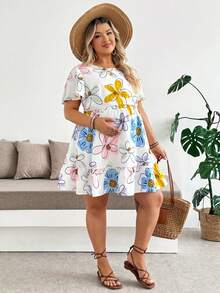 Plussiva Gaun Hamil Ukuran Besar Motif Bunga Leher Bulat Lengan Pendek Kasual - MultiWarna - View 6